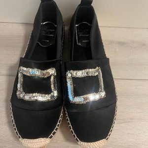 Roger Vivier Black Satin Embellished Espadrilles